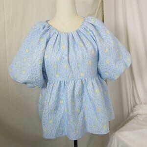 English Factory Blouse Blue Floral Jacquard Puff Sleeve Babydoll Top Size Small
